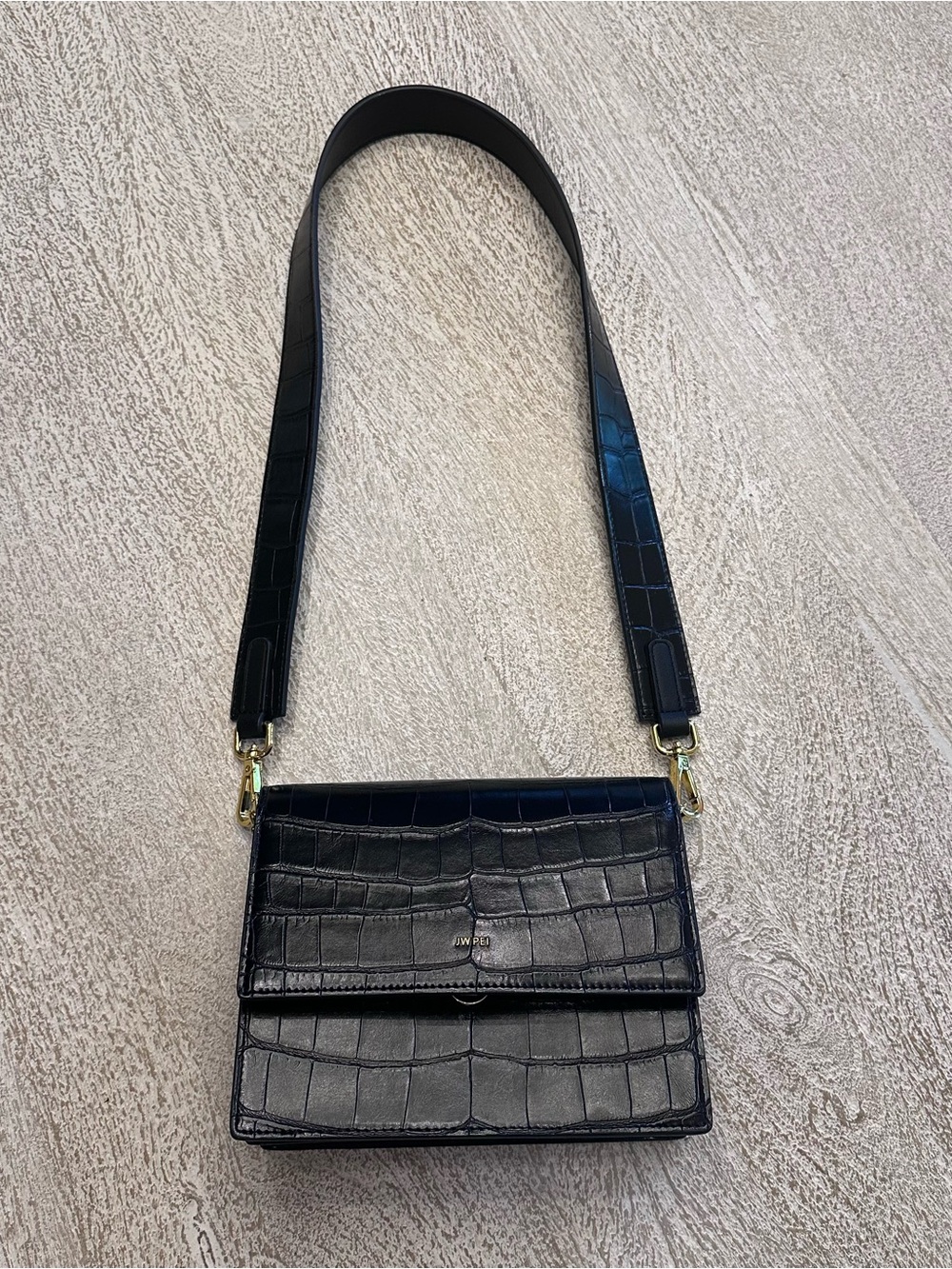 JW Pei Black Croc-Embossed Shoulder Bag